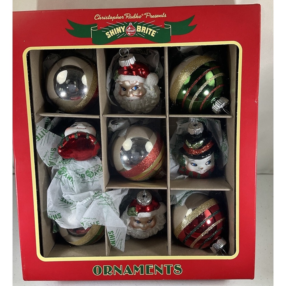Radko Shiny Brite Set Of 9 Christmas Balls, Santa And Snowman Ornaments